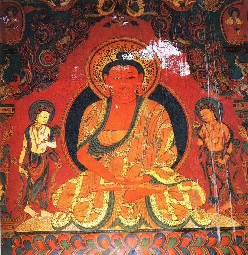 07 Amitabha Amitabha (Tib. Opame) is one of the five Dhyani, or Meditation, Buddhas and is known as the Buddha of Infinite light. He is red and is in a meditation mudra with his hands in his lap, often holding a begging bowl. He is the Buddha of the west, represents the fire element, and the skanda of lust/desire/attachment. His spiritual emanation is Avalokiteshvara, the bodhisattva of compassion. The other four Meditation Buddhas are yellow Ratnasambhava in the south, green Amoghasiddhi (Tib. Dondrub) in the north, blue Akshobhya (Tib. Mitrugpa) in the east, and white Vairochana in the centre.